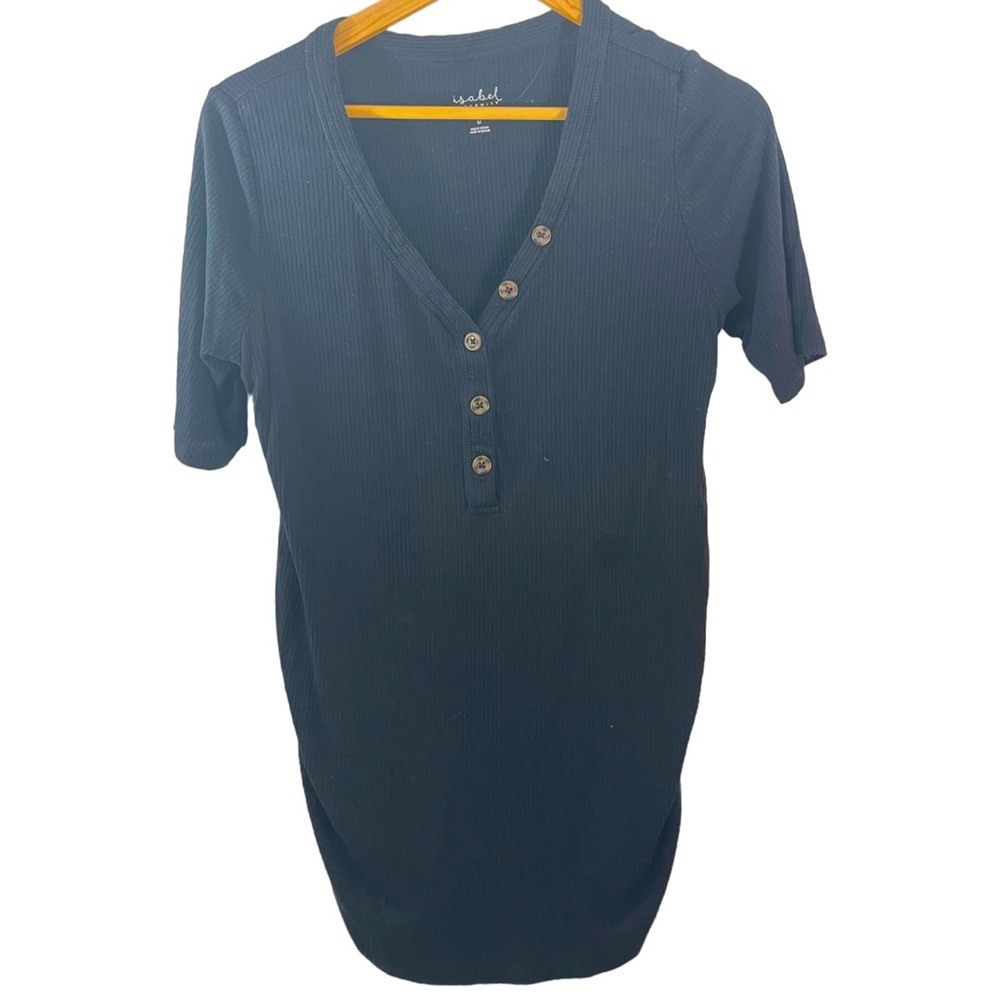 Isabel Maternity Black Ribbed V Neck Top with Button Detail‎